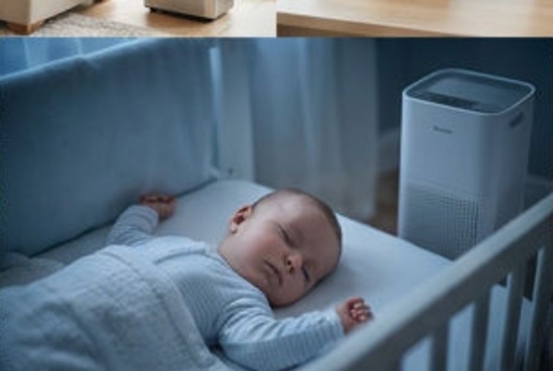 A baby sleeping peacefully in a nursery cooled by a portable air conditioner