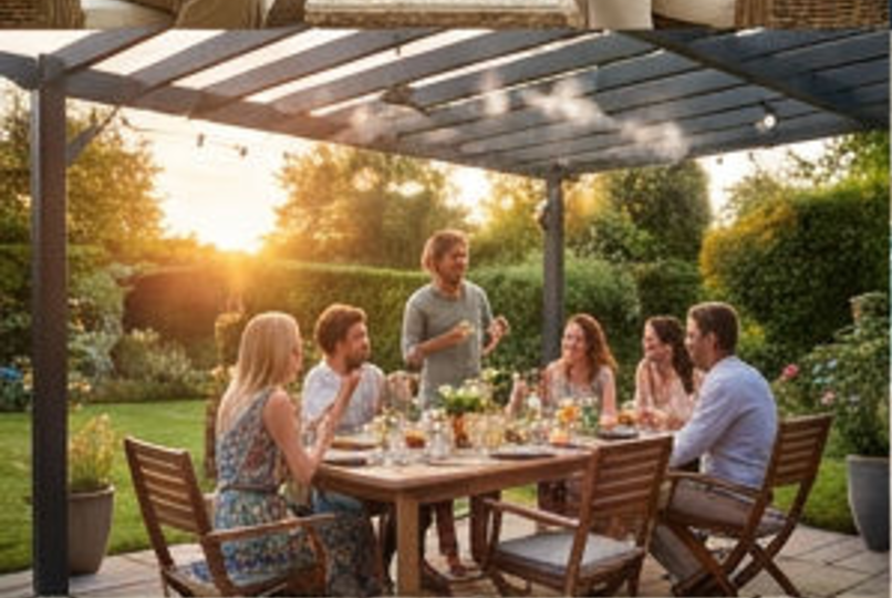 Friends enjoying a garden dinner party in the evening